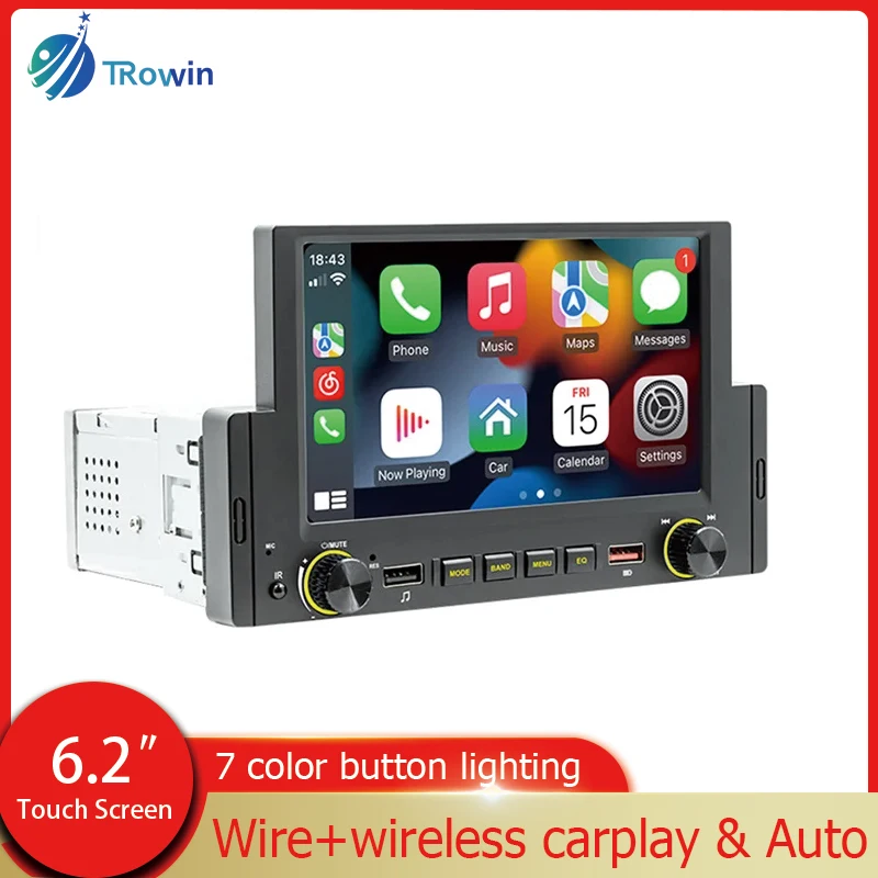 

1Din Wire&Wireless CarPlay Android Auto 6.2Inch Screen Radio Car Stereo BT MP5 Player FM Audio System Vehicle Accessories