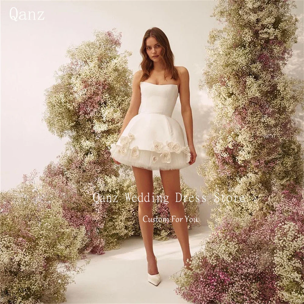 Qanz White 3D Flowers Dress Wedding Party  Mini Vestidos Novias Boda Opne Back Satin and Tulle Bridal Gowns Plus Size Customized