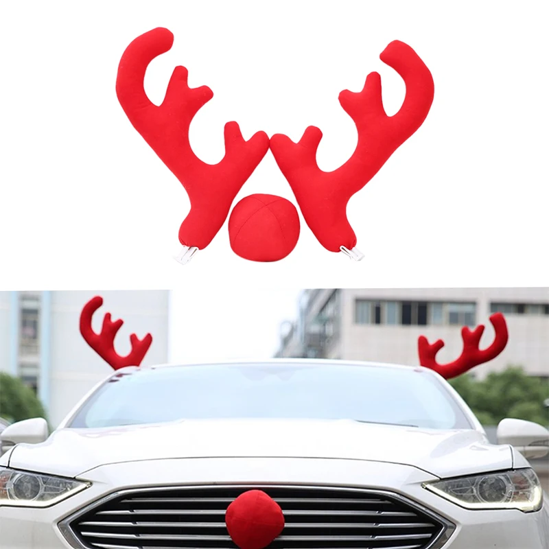 Car Universal Christmas Antler Cloth Cover Christmas Gift Reindeer Nose Decoration Set