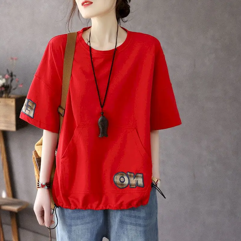 100% Cotton Mid-sleeve T-shirt Women Summer Casual Loose T Shirt Patch Embroidery Hem Elastic Drawstring Five-point Sleeve Tops