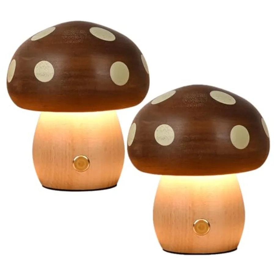 

Wood Small Mushroom Table Lamp LED Rechargeable Cordless Touch Bedside Lamps Stepless Dimming Night Light Battery Lamp for Bedr