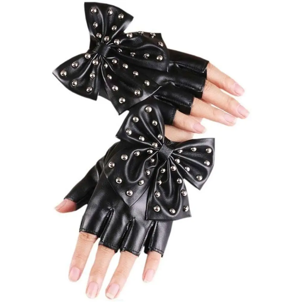 

Imitation Leather Rivet Dancing Gloves Fashion Big Bow Street Dance Women Gloves PU Material Korean Anime Half Finger Gloves