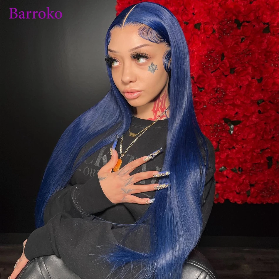 Barroko 13x6 Dark Blue Colored Wigs Straight Human Hair Wigs Pre Plucked Peruvian Hair Transparent Frontal Lace Wigs Human Hair