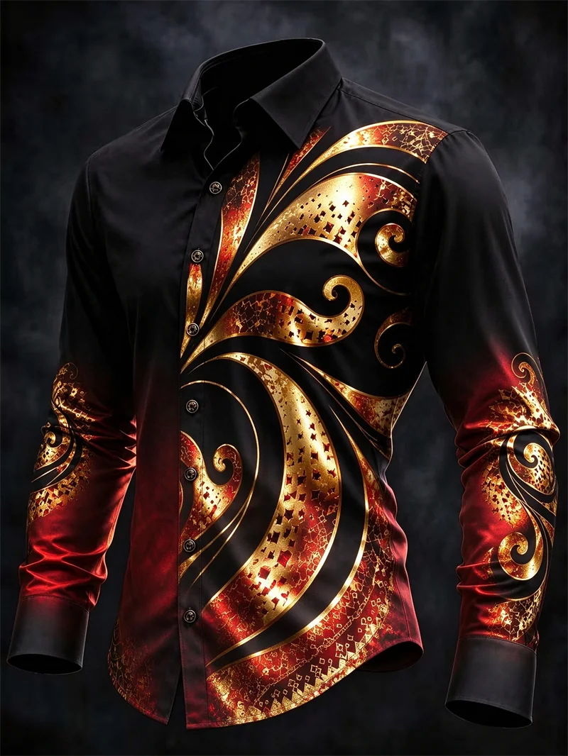 New men's black and red gradient long sleeved shirt with gold Baroque whirlpool grass crack print lapel shirt