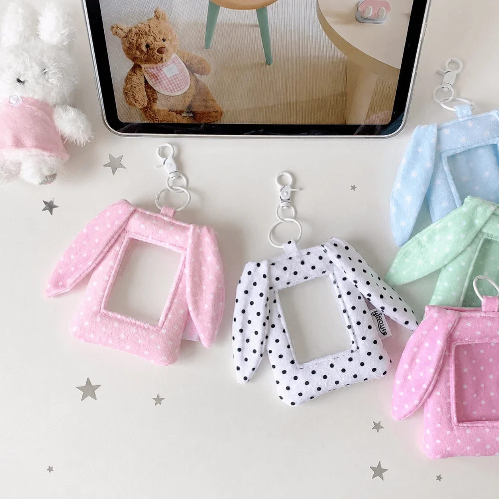 Portable Polka Dot Photocard Display Case Bunny Ear Pendant 3 Inch Card Holder Pouch Hanging Loop Clear Window Badge Holder