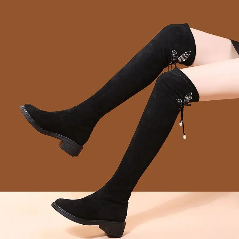 Women\'s Boots Rhinestone Shoes for Woman Thigh High Footwear Above Over The Knee Middle Heel with Laces Lace-up Quality New In