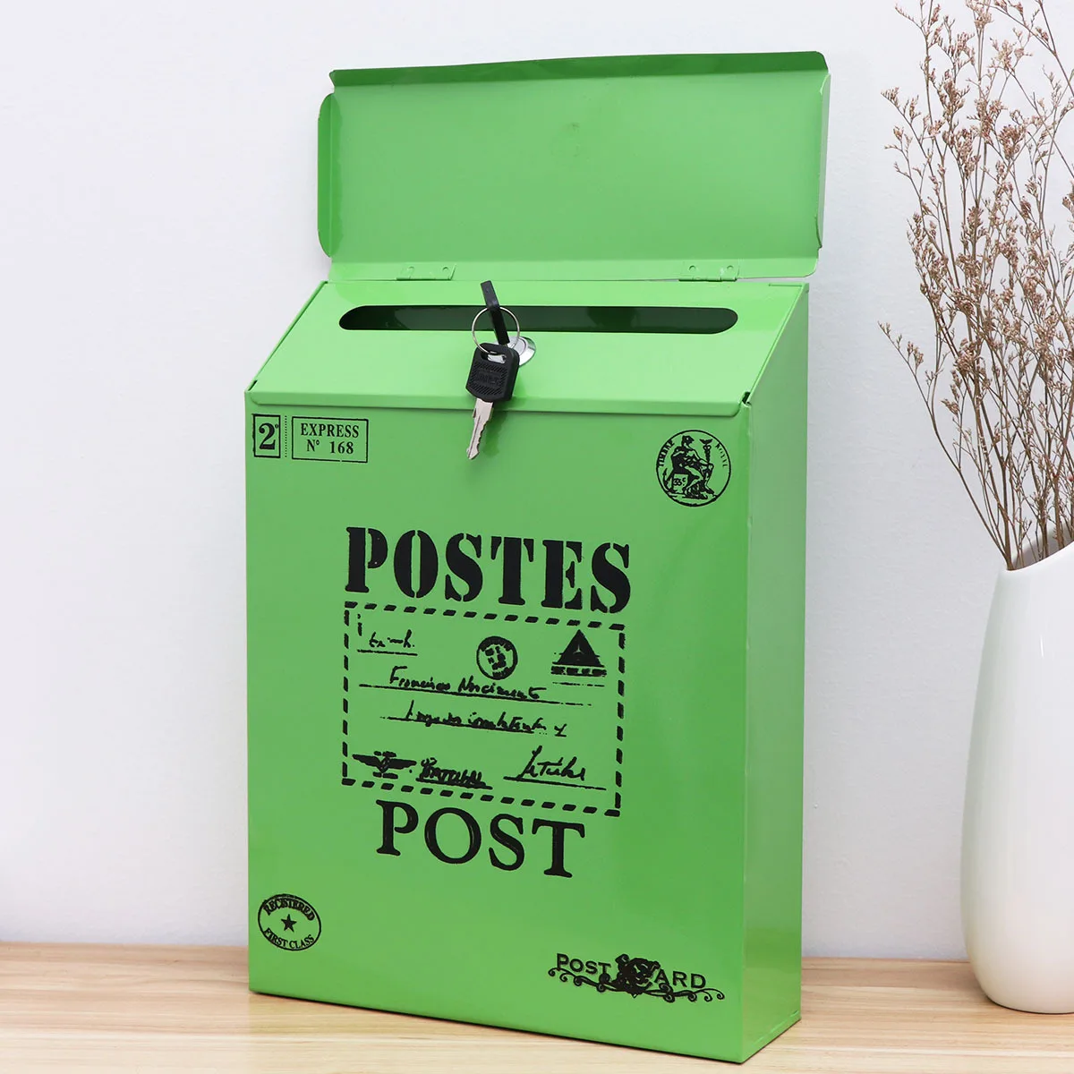 

Vintage Iron Mailbox with Lock Wall Mounted Post Box Decorative Exterior Metal Letter Box for Indoor Outdoor Use Green