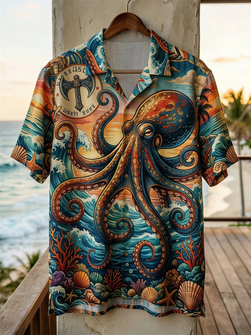 New Deep Sea Octopus Wave Coral 3D Printed Short Sleeve Shirt for Men's Beach Travel Casual Top Clothing