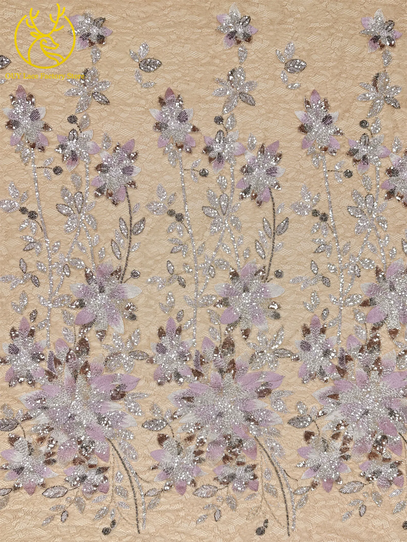 3D-Stickerei-Blattapplikation mit Pailletten, Röhrenperlen und Spitze, hochwertiger französischer Tüllspitzenstoff für Hochzeitskleider, Brautkleider und Partykleider zum Nähen. – Detail 6