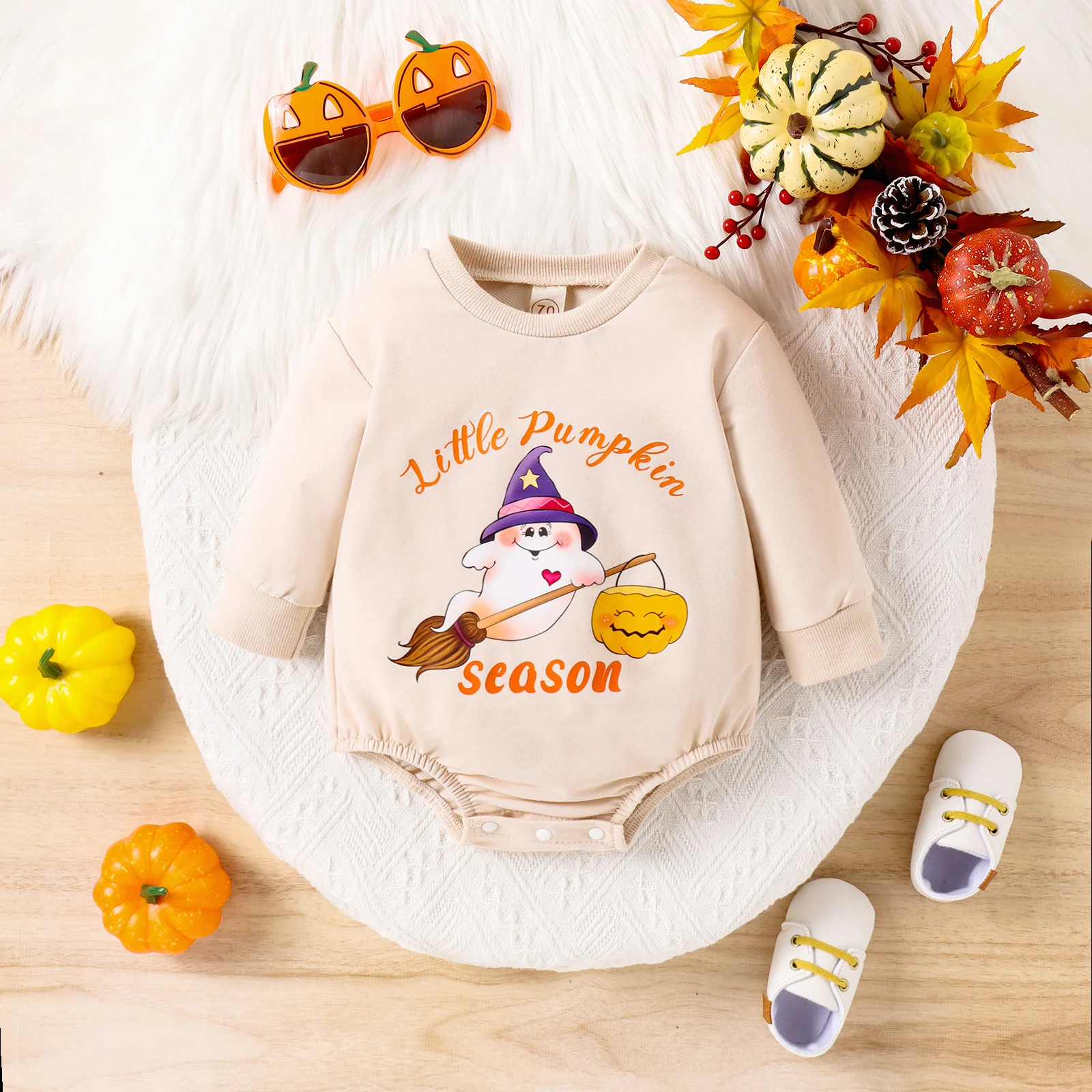 Autumn 0-2 Years Old Boys And Girls, Casual And Fashionable Round Collar, Long-Sleeved Apricot Color Halloween Print Clothes