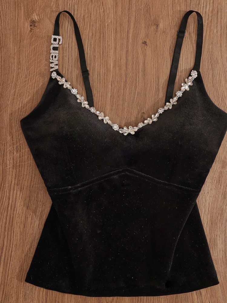 Velvet Tank Top Women's Slim Fit Sexy V-Neck Sleeveless Vest Inner Wear Casual Short Style Pure Color Business City Walk