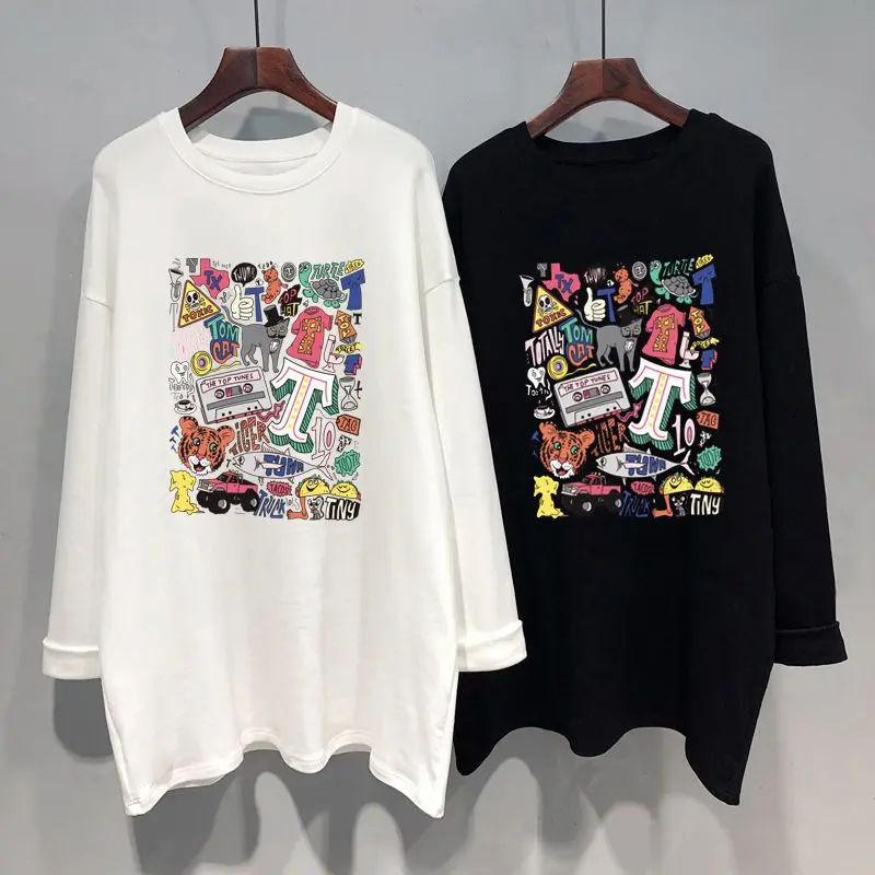 女性用長袖ラウンドネックTシャツ,ルーズフィット,カジュアル,韓国のファッション,プリント,春