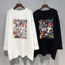 Women Spring Korean Loose Fashion Printing Appear Thin Cotton O-neck Long Sleeve Top Tee Women Clothes Casual All-match T-Shirt