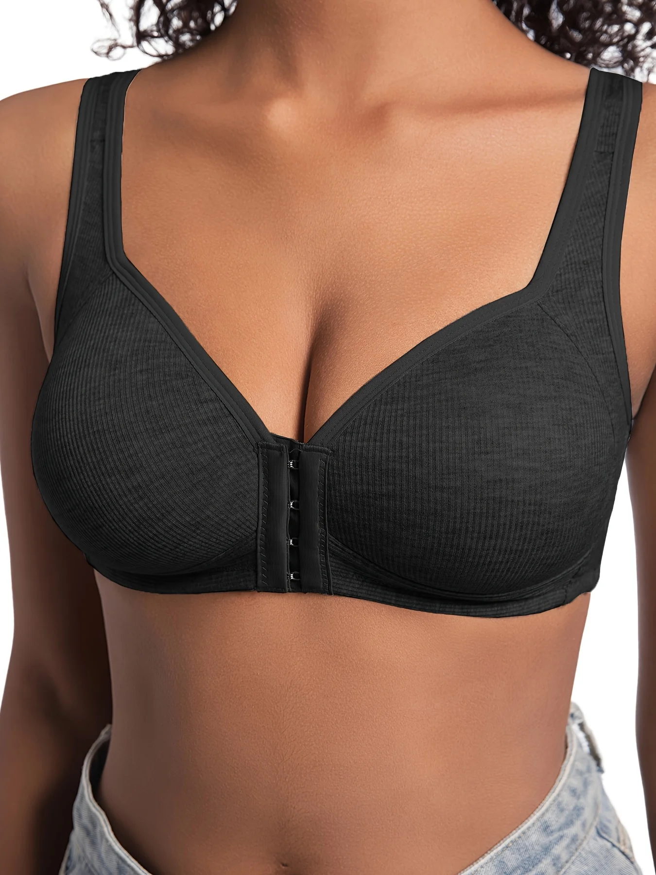 Damen-BH ohne Bügel, Vorderverschluss, einfarbig, vollständige Abdeckung, feste Körbchen, rückläufig für mittlere und ältere Menschen, individuell – Detail 4