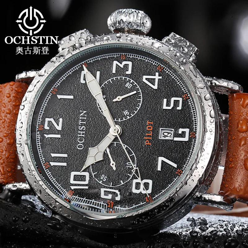 

OCHSTIN мужские кварцевые наручные часы с ремешком из натуральной кожи, мужские водонепроницаемые многофункциональные часы с механизмом, мужские водонепроницаемые часы