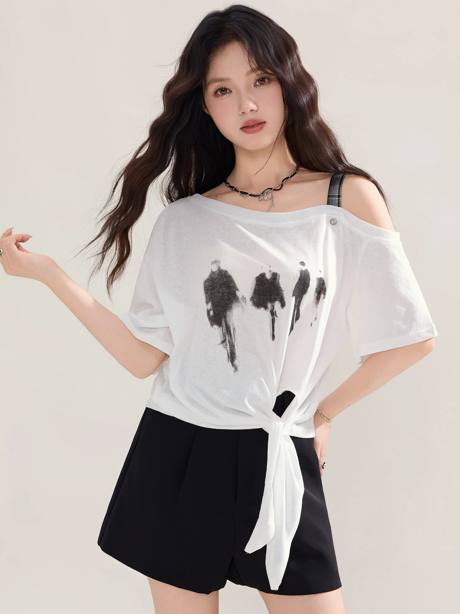 

Летний свободный топ с открытыми плечами для женщин, милый, однотонный, повседневный, асимметричный, в стиле американской модницы