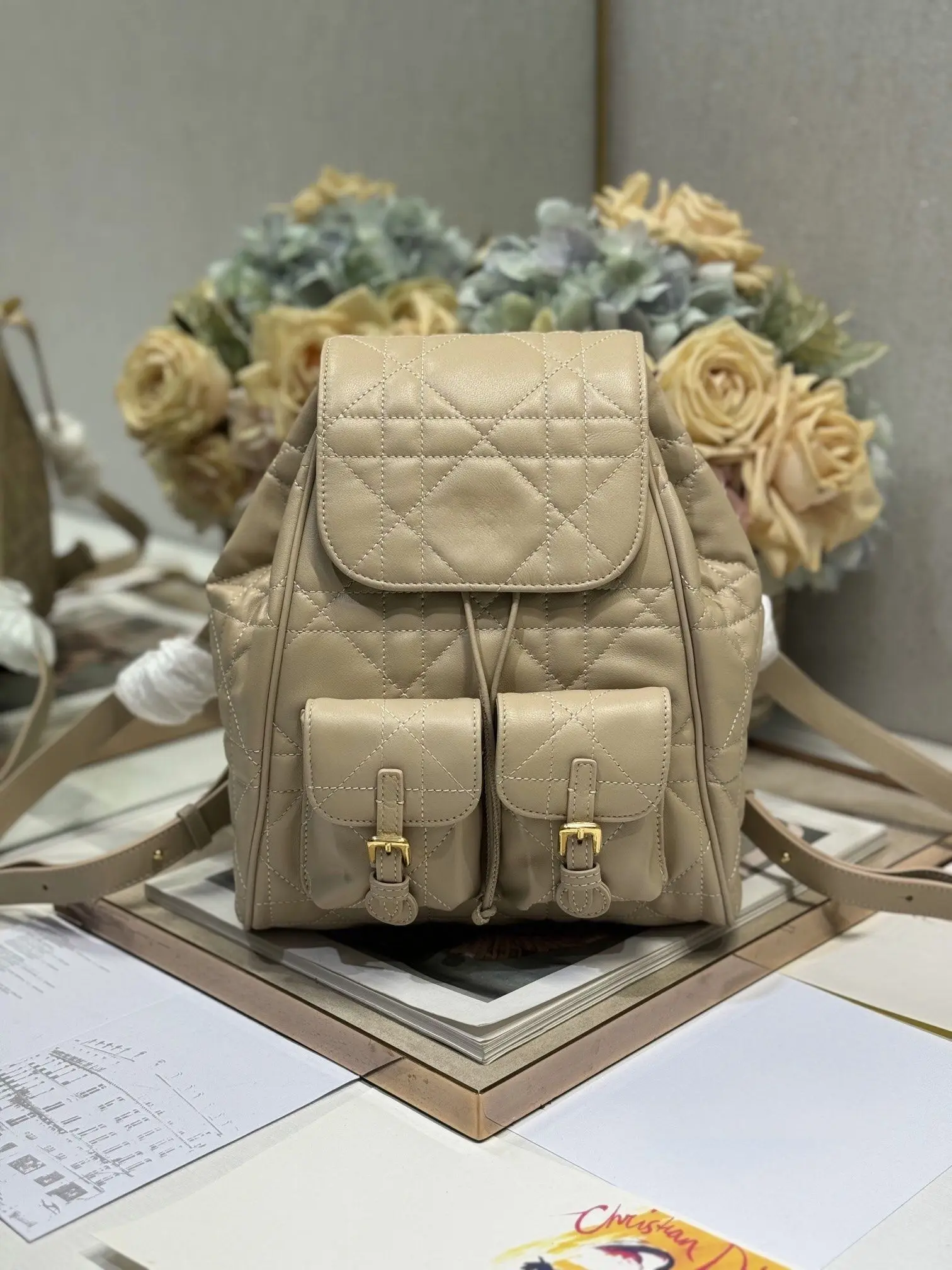 

Unique Beige Quilted Leather Backpack - Artistic Rucksack with Gold Hardware, Statement Bag for Fashion Enthusiasts.YB