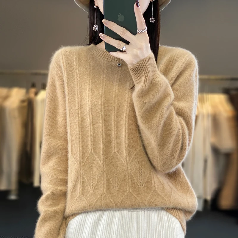 100% Merino wool cashmere women's sweater 0-neck long-sleeved pullover autumn and winter pullover padded top