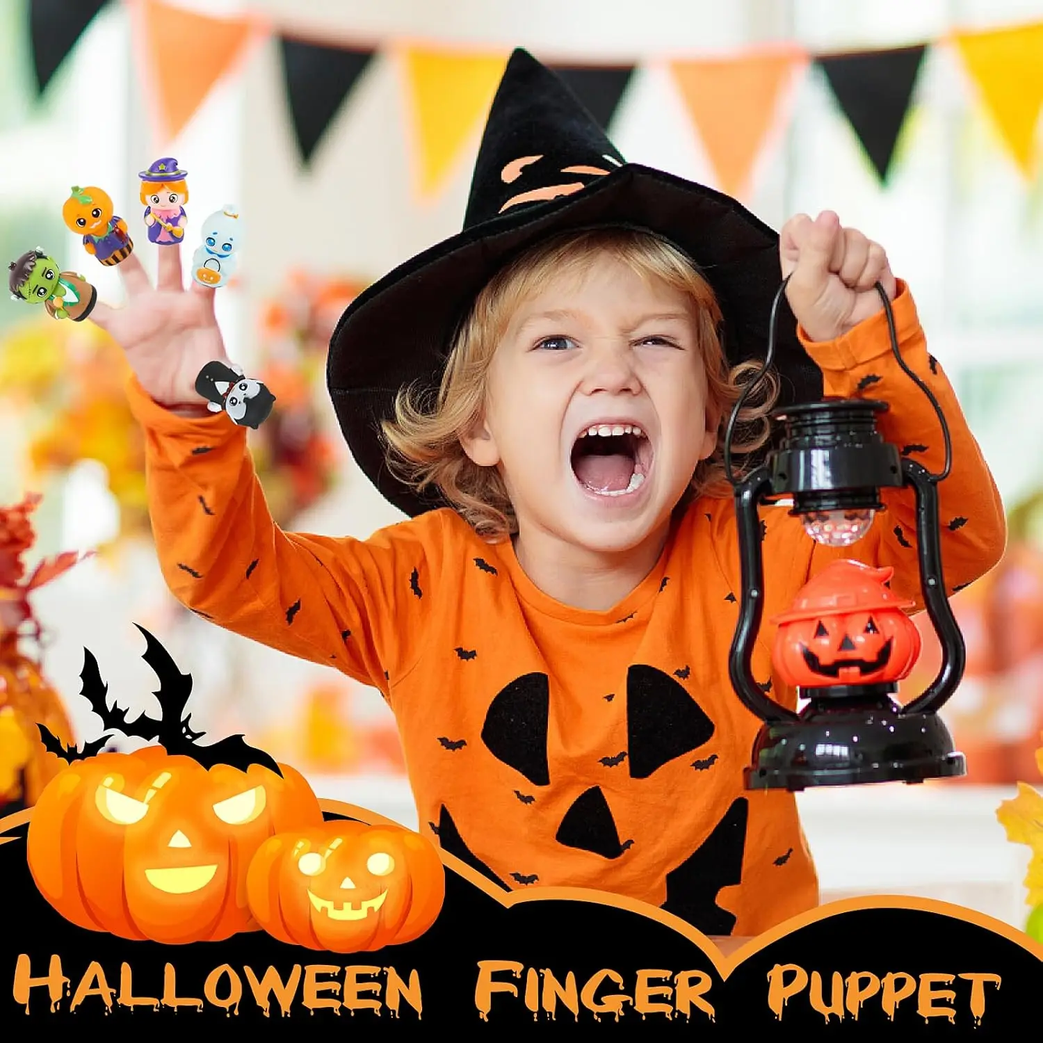 Halloween Vingerpoppetjes, 5 stks Pompoen Heks Vingerpop Speelgoed voor Kinderen Trick or Treat Halloween Tas Fil