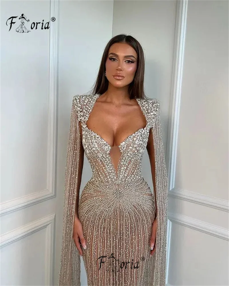 New Silver Beading Crystal Mermaid Party Dress Evening Long Cape Elegant Dubai Woman Prom Dresses Arabic Formal Event Gowns 2024