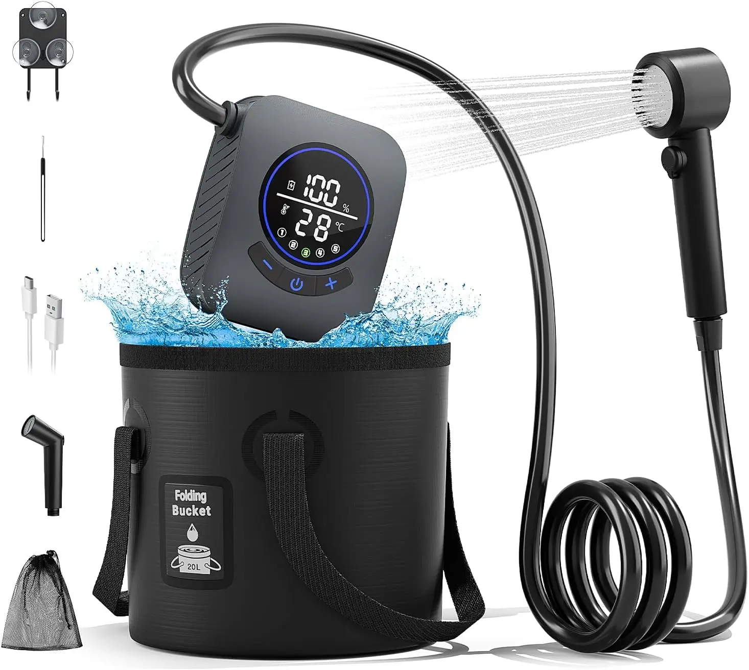 

8000mAh Portable Camping Shower with LED Display, Rechargeable Pump & 5 Gallon Bucket for Outdoor Use