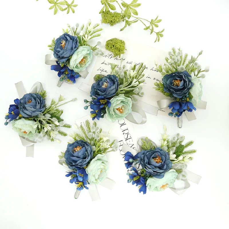 Corsage boutonniere e pulso para convidados, branco e azul fresco, estilo ocidental, estilo floresta, festa de banquete, suprimentos do casamento