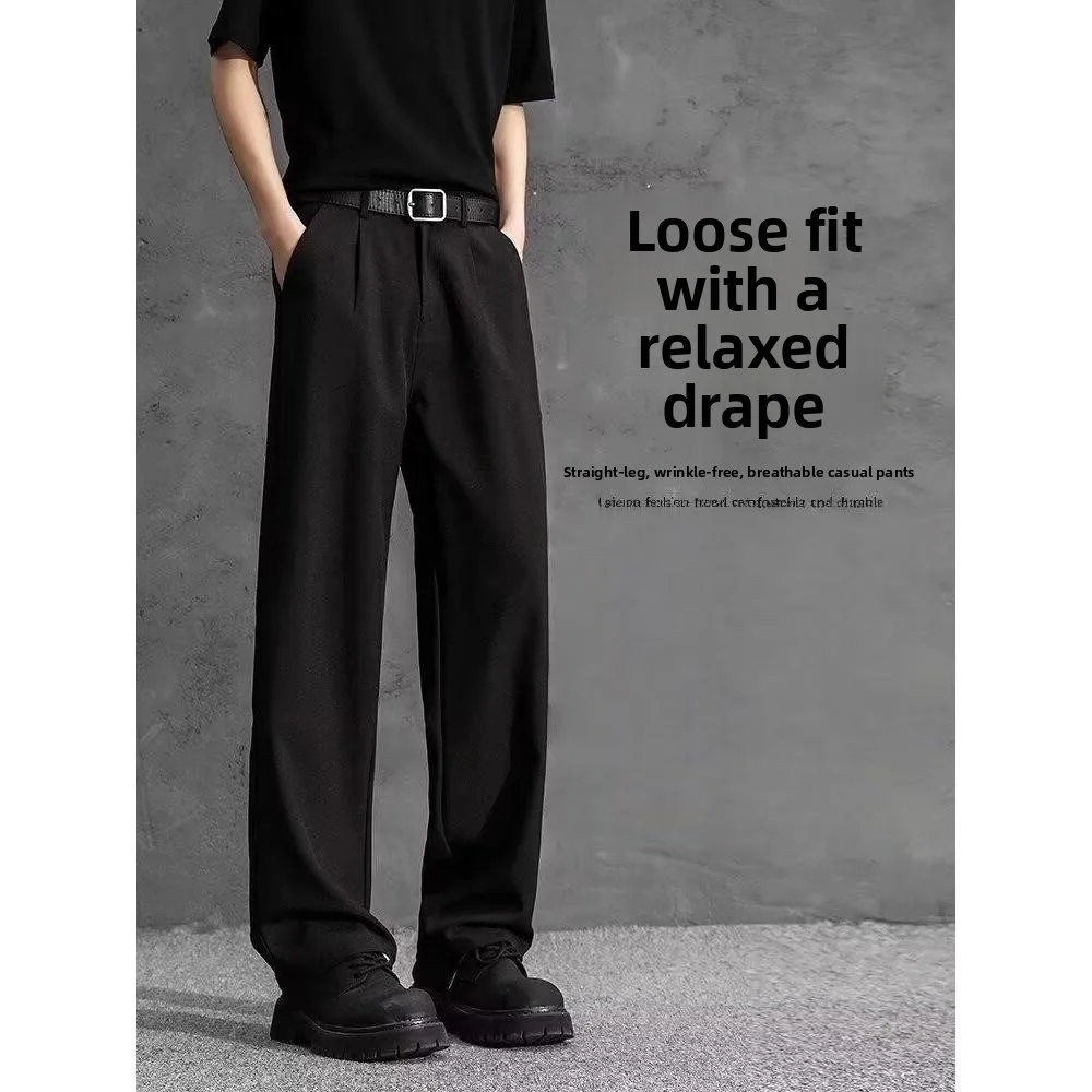 

Loose Black Straight Leg Men's Pants American Style High Waist Casual Trousers Spring Autumn Seasonal Wide Leg Polyester Fiber
