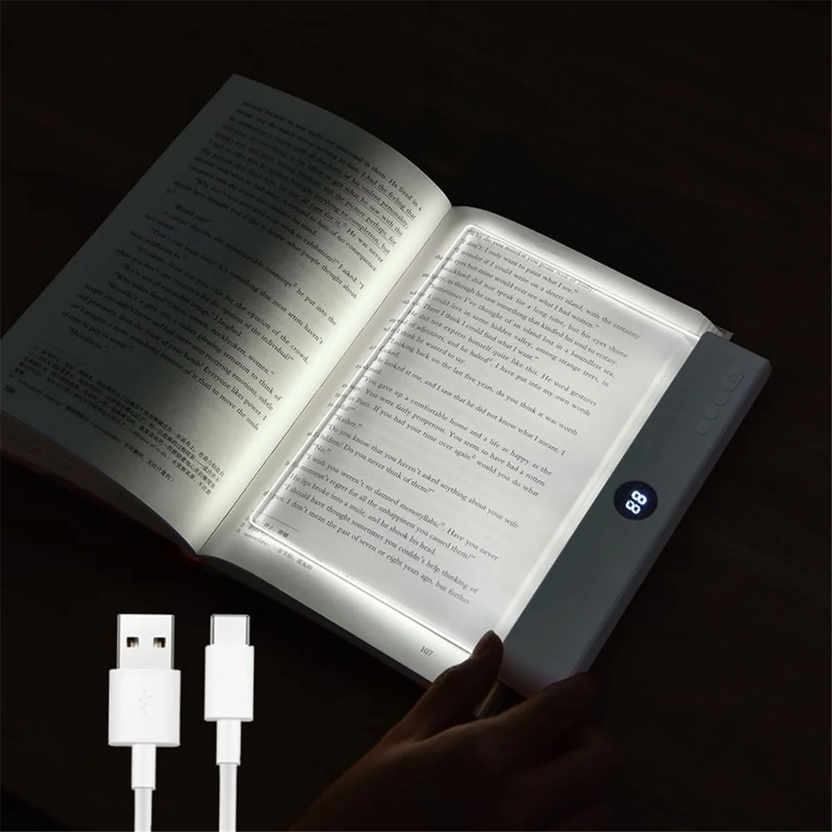 ضوء كتاب AA98، ضوء قراءة مسطح LED شفاف قابل لإعادة الشحن مع 3 ألوان ومؤقت، لوحة مصباح كتاب كامل الصفحة باللون الأسود