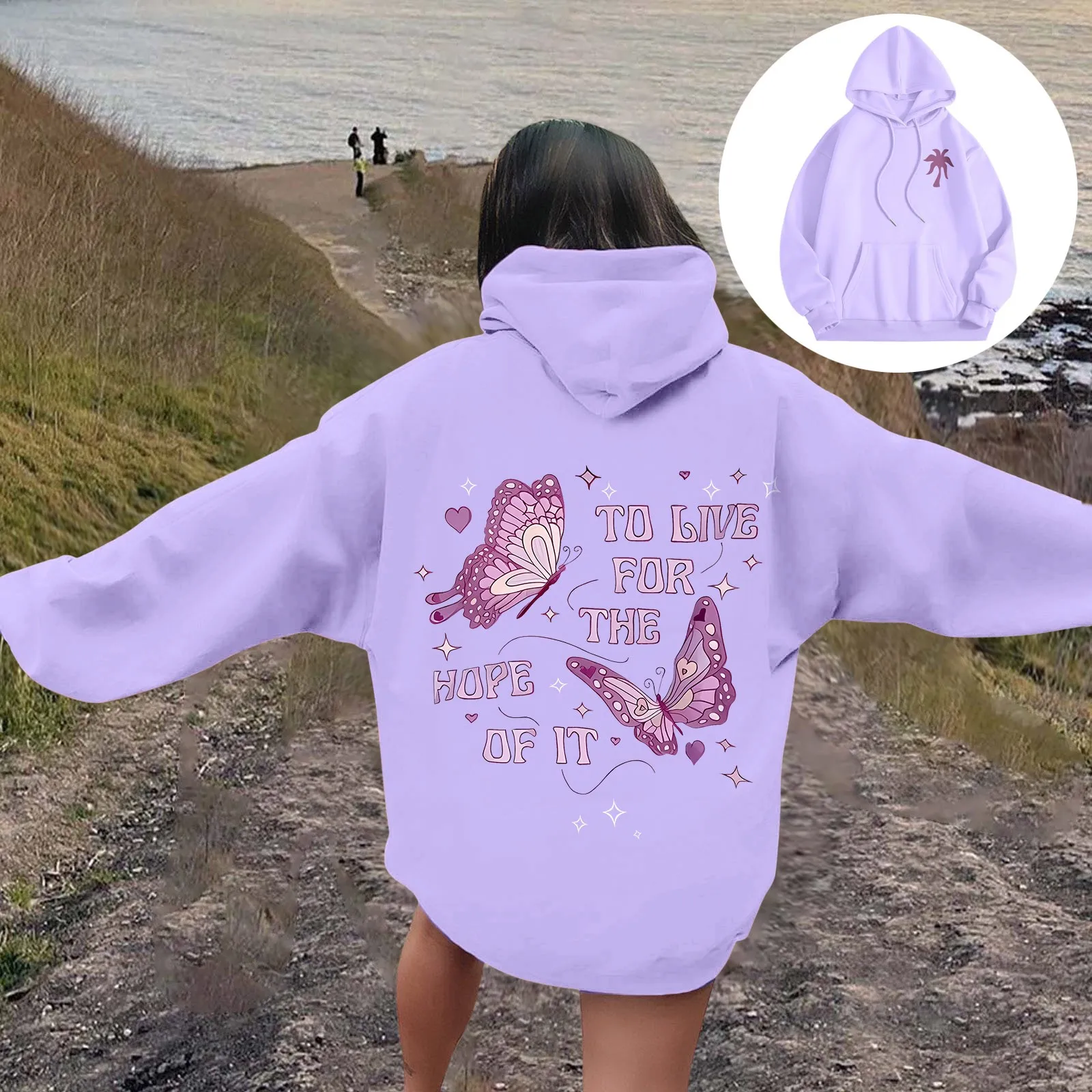 Long Sleeve Hooded Sweatshirt Pinkpalmpuff To Live For The Hope Of It Coconut Tree Print Hoodies Butterfly Oversize Y2k Hoodies