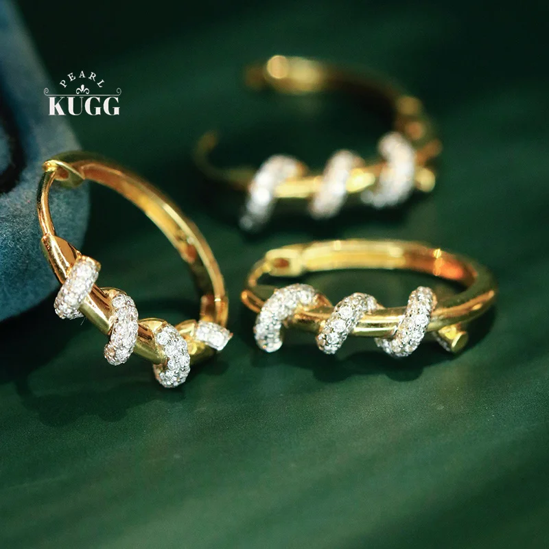 Pendientes KUGG 100% de oro blanco/amarillo de 18 quilates, diseño de moda, pendientes de aro con diamantes naturales reales de 0,42 quilates para mujer, joyería fina