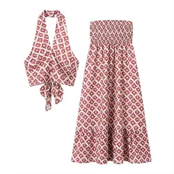 2024 Summer New Fashionable Women's Wear Elegant Design with European and American Style Hanging Neck Printed Half Skirt Set