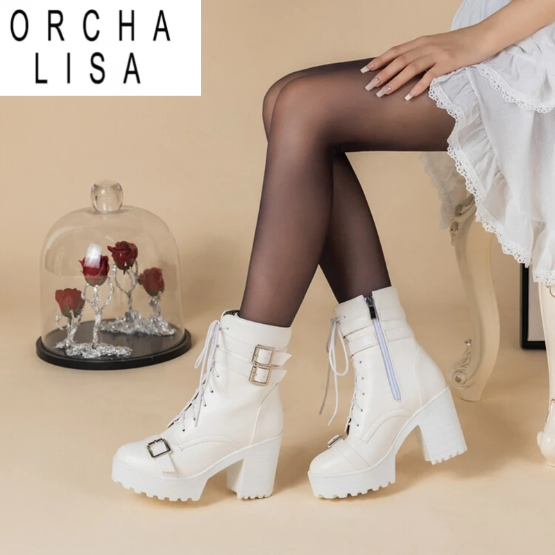 ORCHA LISABuckles Stivaletti da moto con punta tonda 9 cm Tacco largo Stringati Bianco Nero Taglia grande 42 43 US12 Moda