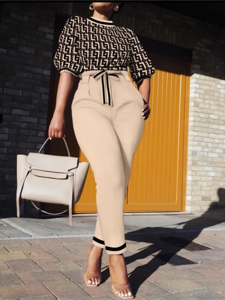

New Spring Autumn Trendy Street Trendy Seven Sleeve Fashion Printed Lace Up Waist Casual Pants Set For Women's Clothing