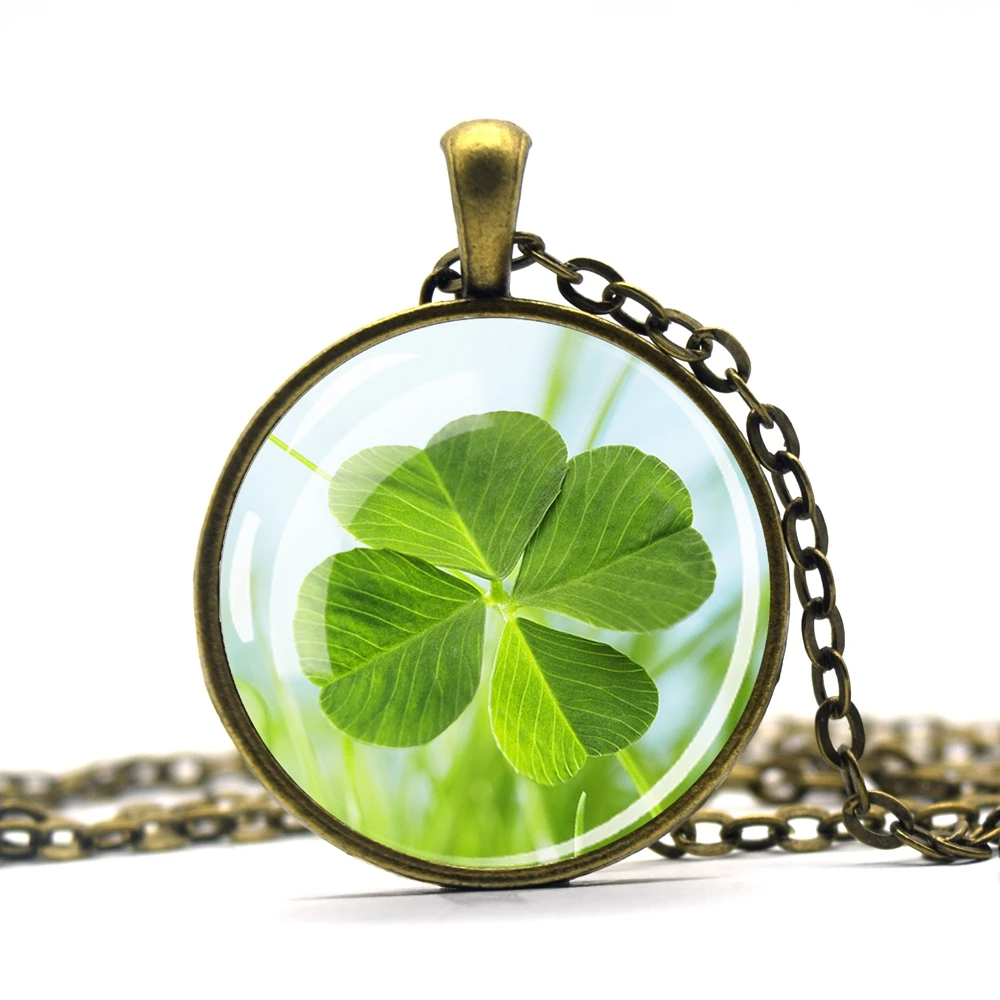Clover Shamrock Necklaces Glass Cabochon Four Leaf Clover Pendant Chains Necklace for Women Lucky Jewelry St. Patrick Day Gifts