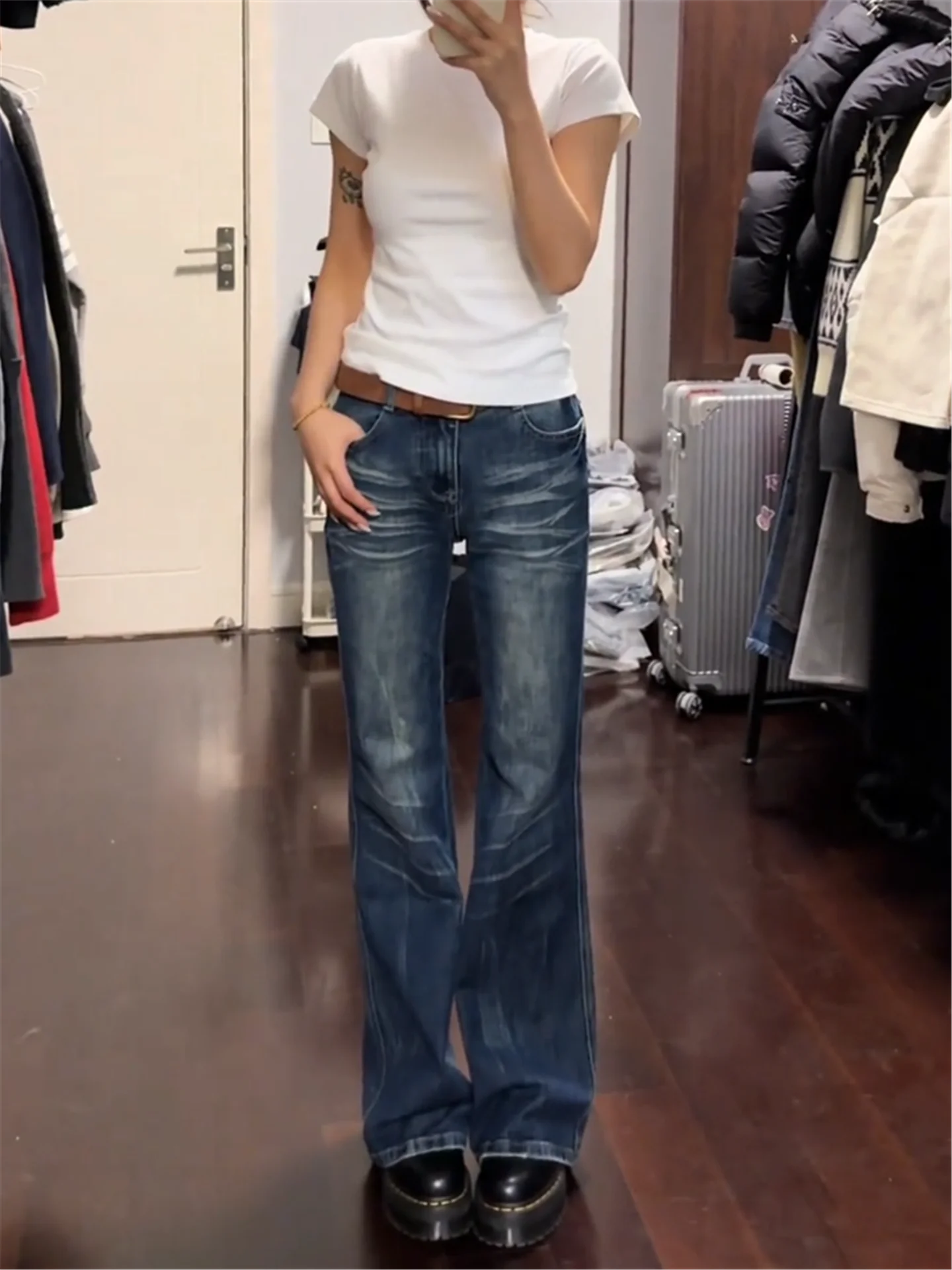 

Американские джинсы-клеш с низкой посадкой в стиле High Street, женские, утягивающие, повседневные, из хлопка, с эффектом потертости, винтажный стиль