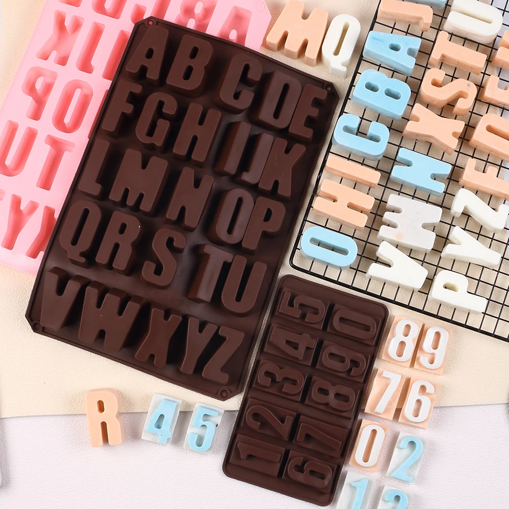 Molde de silicona para Chocolate con números y letras, 26 alfabeto, 0-9 números, pastel de Fondant antiadherente, galleta, caramelo, gelatina, molde de resina para hornear