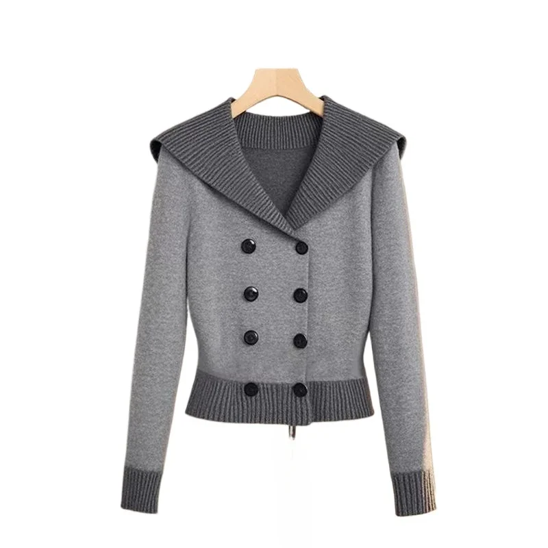 

Luxury High-end Gray Patchwork Knitted Cardigan Sweater Long Sleeve Double-breasted Office Women Short Tops Design Trends Coats