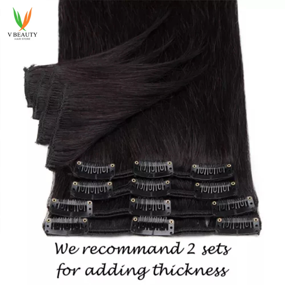 Straight Clip In Human Hair Extensions Natural Black 100% Human Hair Set with 18Clips Double Weft Hair Extension for Woman