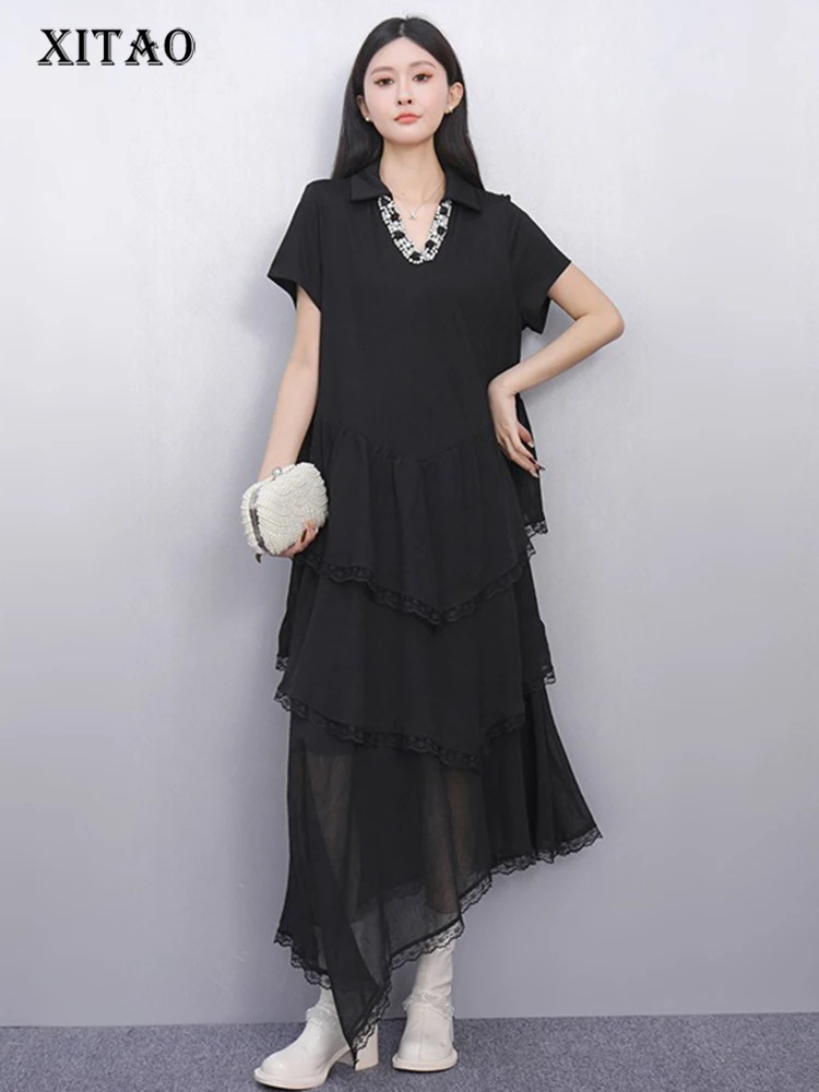 

XITAO Irregular Patchwork Short Sleeve Dress V-neck Casual Loose Fitting A-line Elegant Comfortable Pullover Women Dress ZMY1340