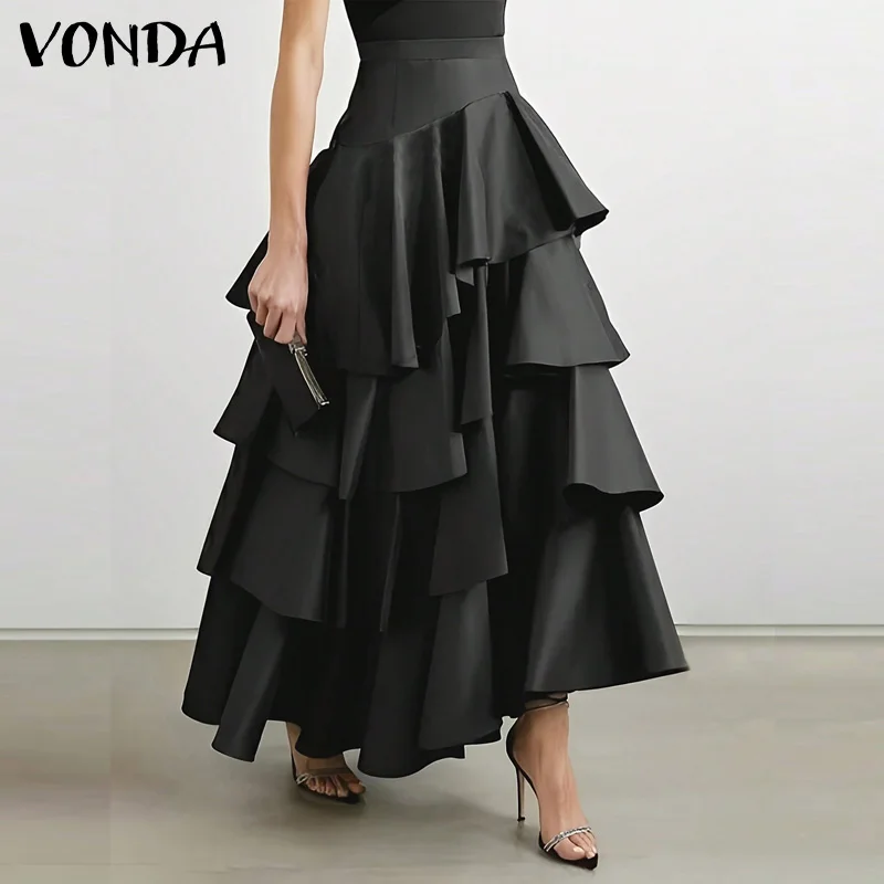 VONDA Plus Size 5XL Women Long Maxi Skirt Fashion High Waist Hem Party Jupes Faldas Saia Elegant Ruffled Swing Bottom Streetwear