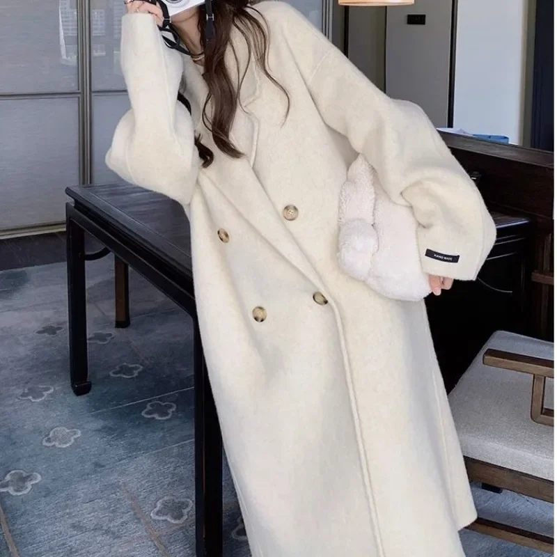Elegant Woolen Coat 2025 New Women's Autumn Winter Knee-Length Overcoat Fashion Lapels Spliced Double-breasted Women Clothing