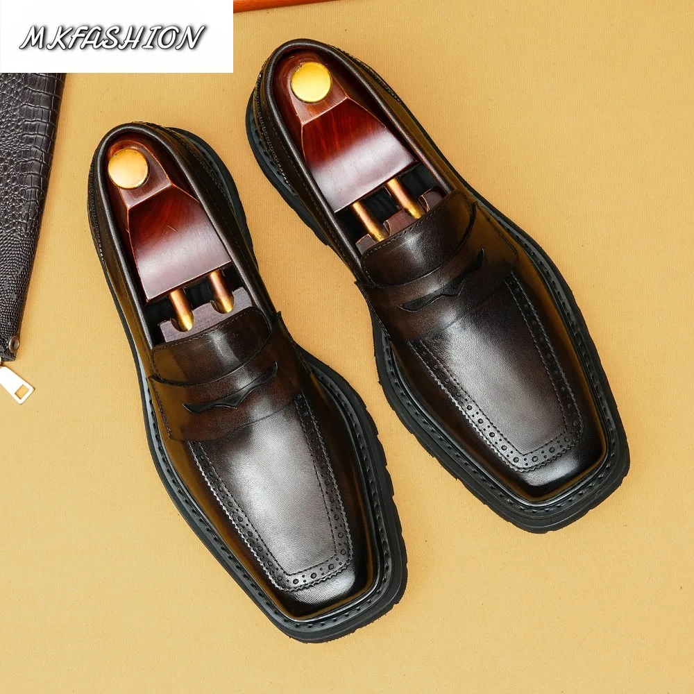 Men's Cowhide Genuine Leather Shoes Square Toe Thick Bottom Slip On Flats Business Casual Loafers Footwear