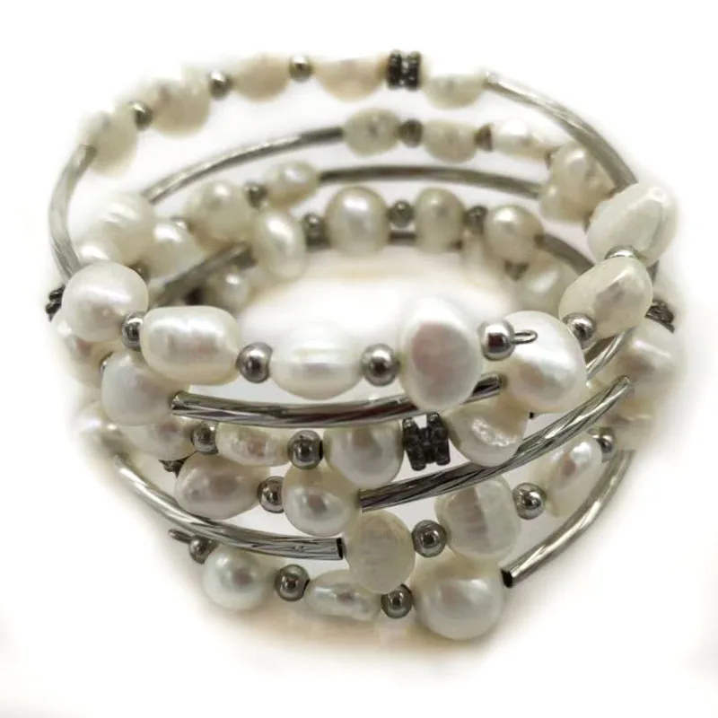 33 inches 7-8mm Natural White Baroque Pearl Memory Wire Bracelet