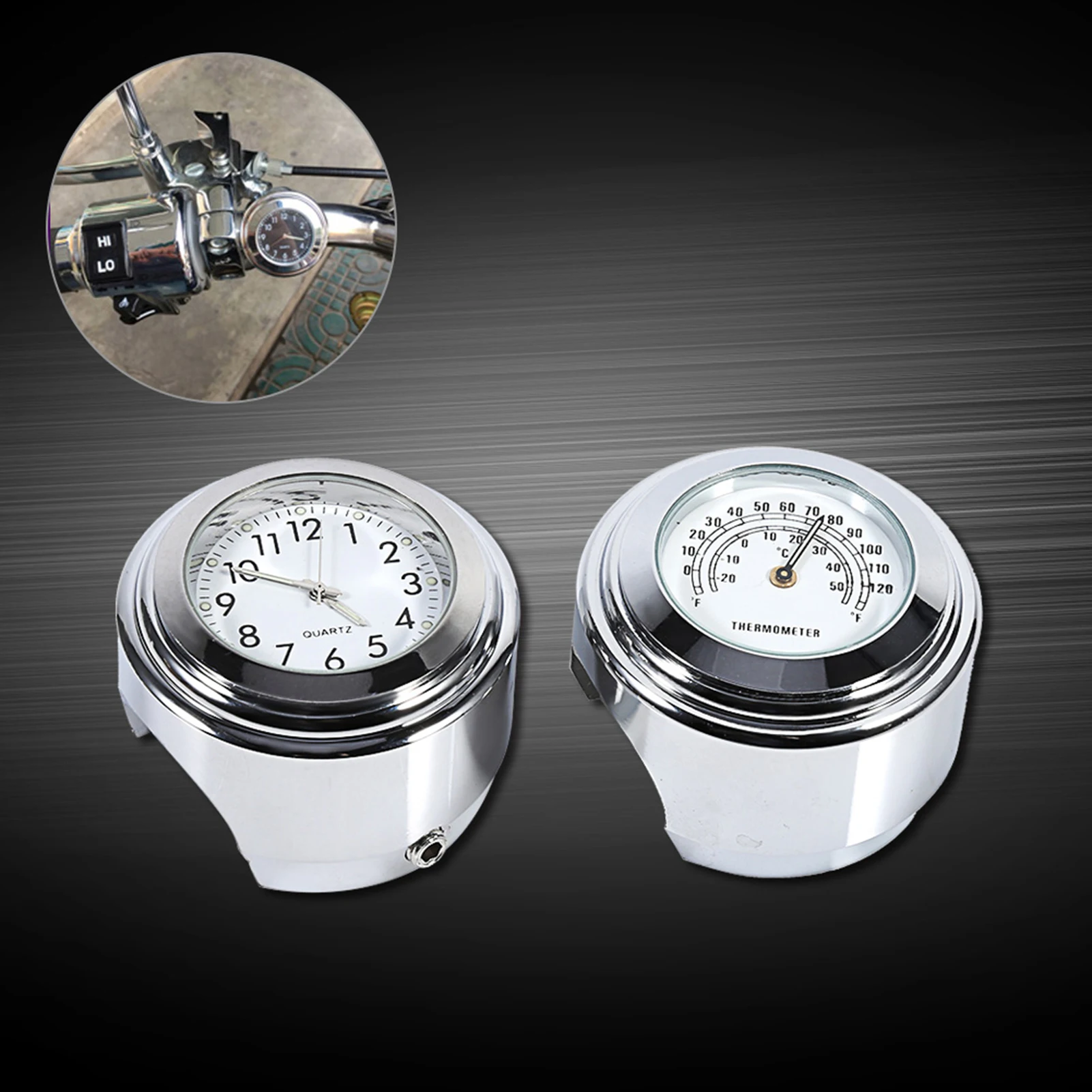 7/8" 1" Motorcycle Handlebar Mount Watch Dial Clock & Thermometer Temp White view 4
