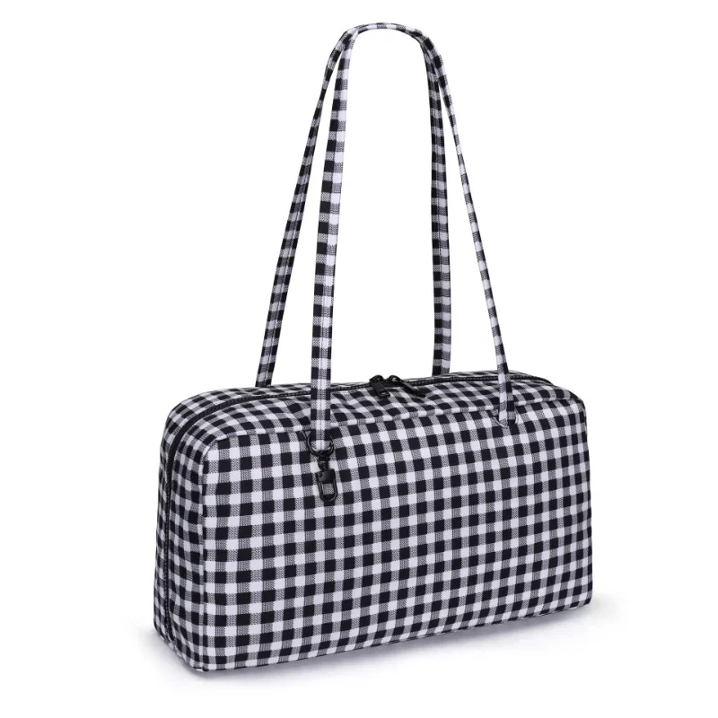 Polka Dot Plaid Round Dome Shoulder Bag,Women Retro Eco-Friendly Colorblock Stripe Pillow Handbag,Casual Commuter Nylon Tote Bag view 3