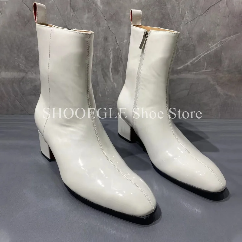 White Patent Leather Height Increasing Men's Boots Modern Stylish Small Square Ankle Boots Casual Autumn Winter Men's Shoes