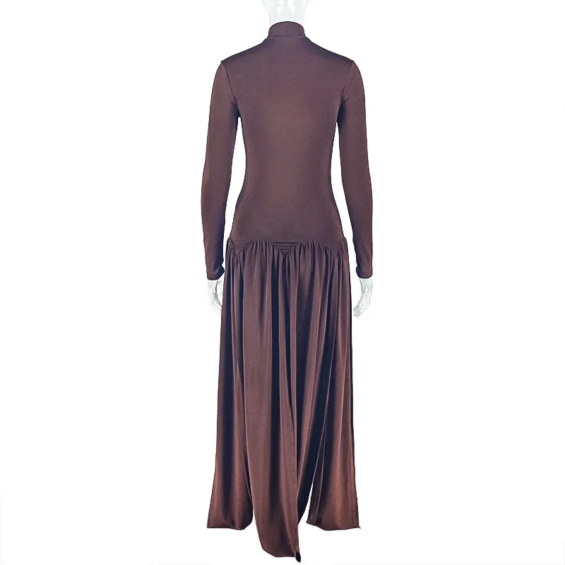 Abito lungo a pieghe con spacco alto solido Abito da sera aderente a maniche lunghe con collo alto moda donna 2025 Abito lungo da festa autunnale