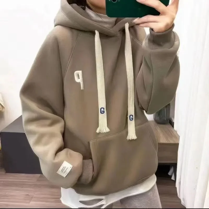 

Autumn Winter New Hoodie For Women Letter Embroidery And Plush Thick Hooded Coat Sweatshirt Retro Warm Top Jacket Female