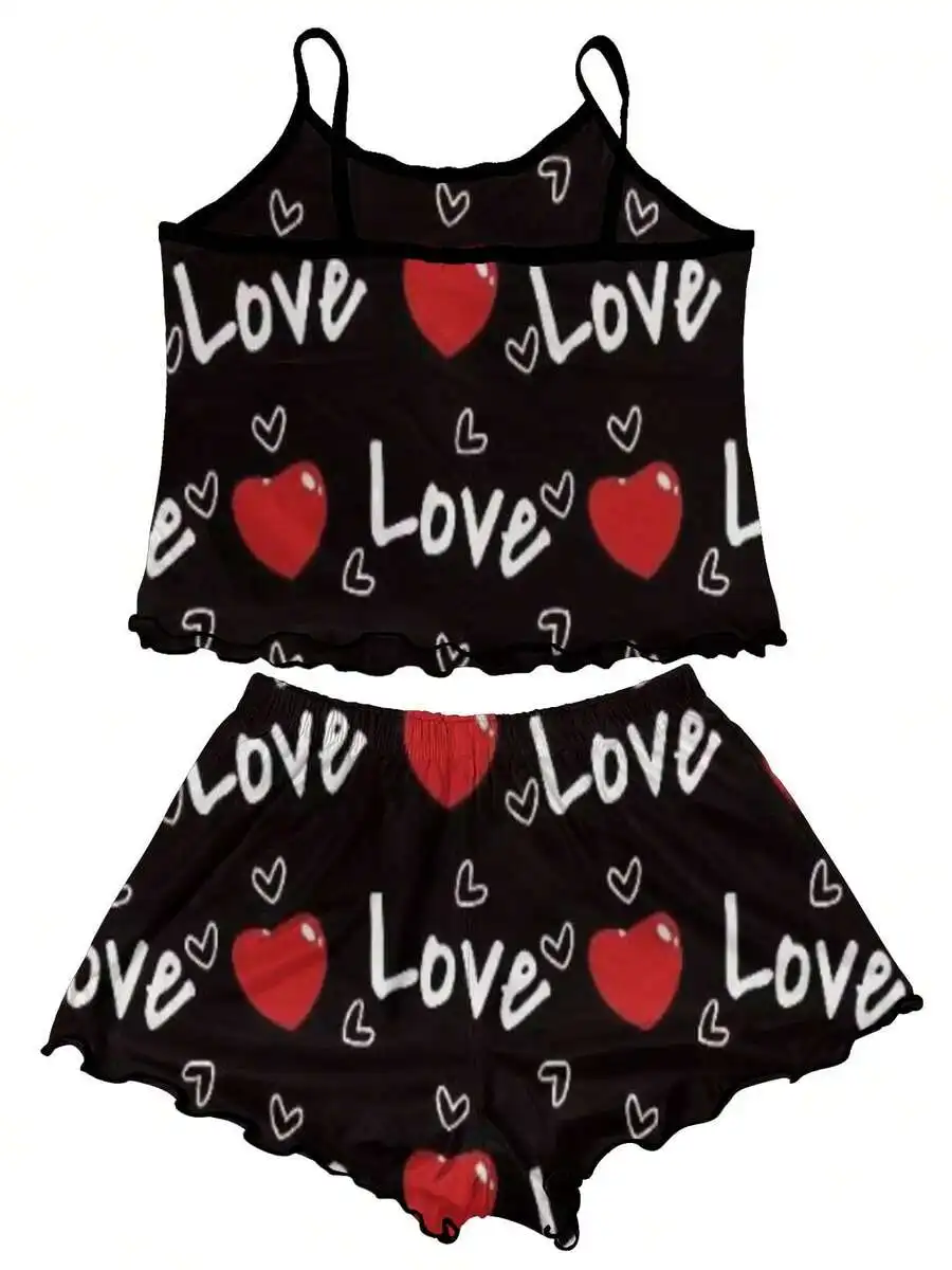 

Womens Love Hearts Print Two Piece Pajama Set 100% Polyester Sleepwear