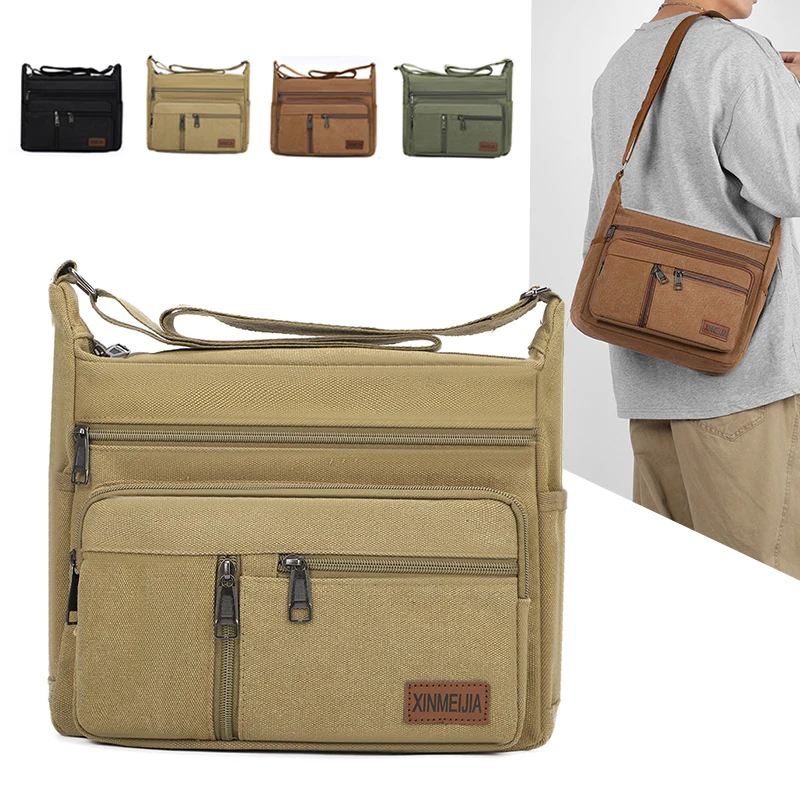 حقيبة كتف رجالية عصرية وكاجوال، حقيبة كروس قماشية متعددة الأقسام، مناسبة للنزهات اليومية والسفر والتنقل